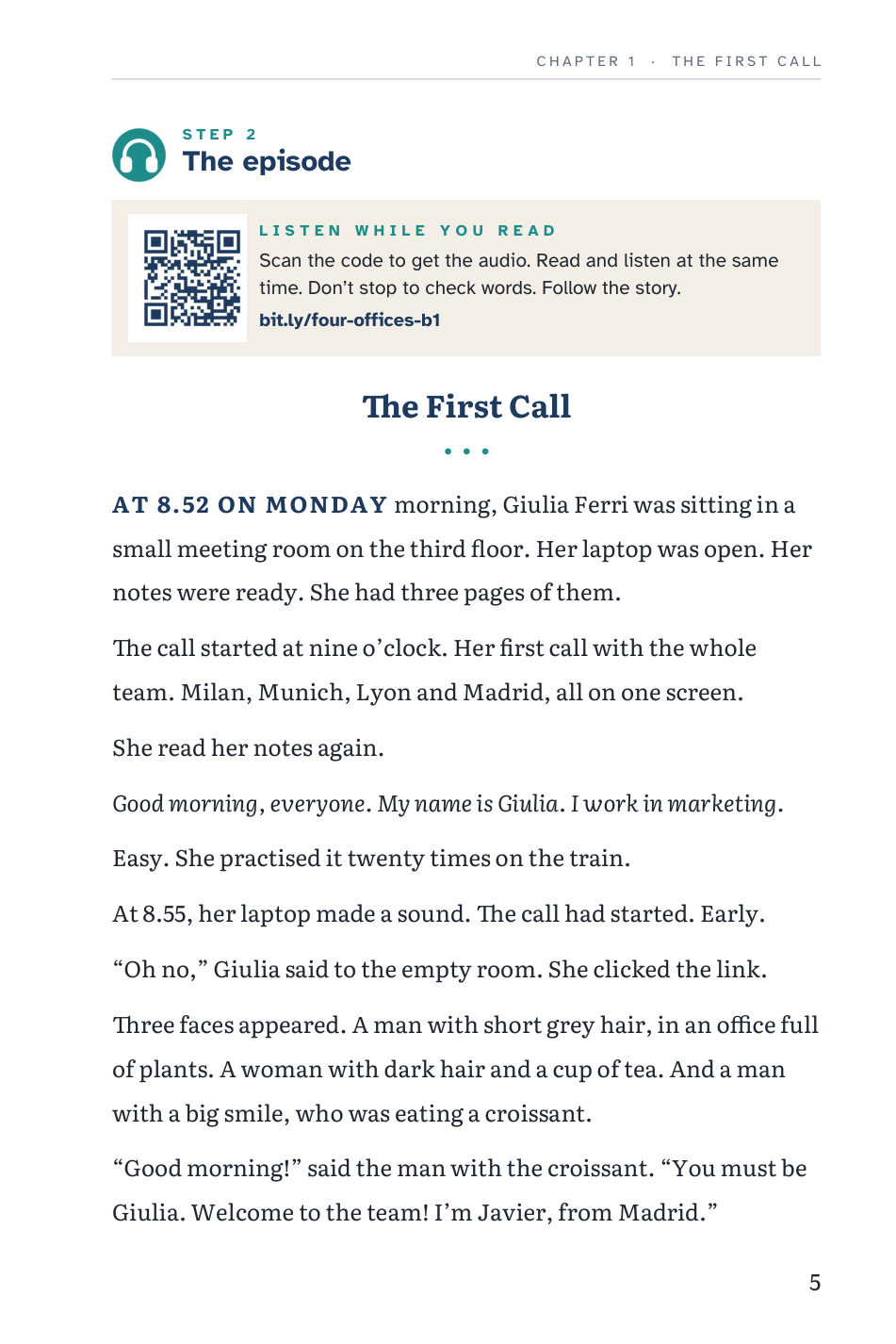 Book page: The episode. A QR code for the audio and the opening of the story The First Call.