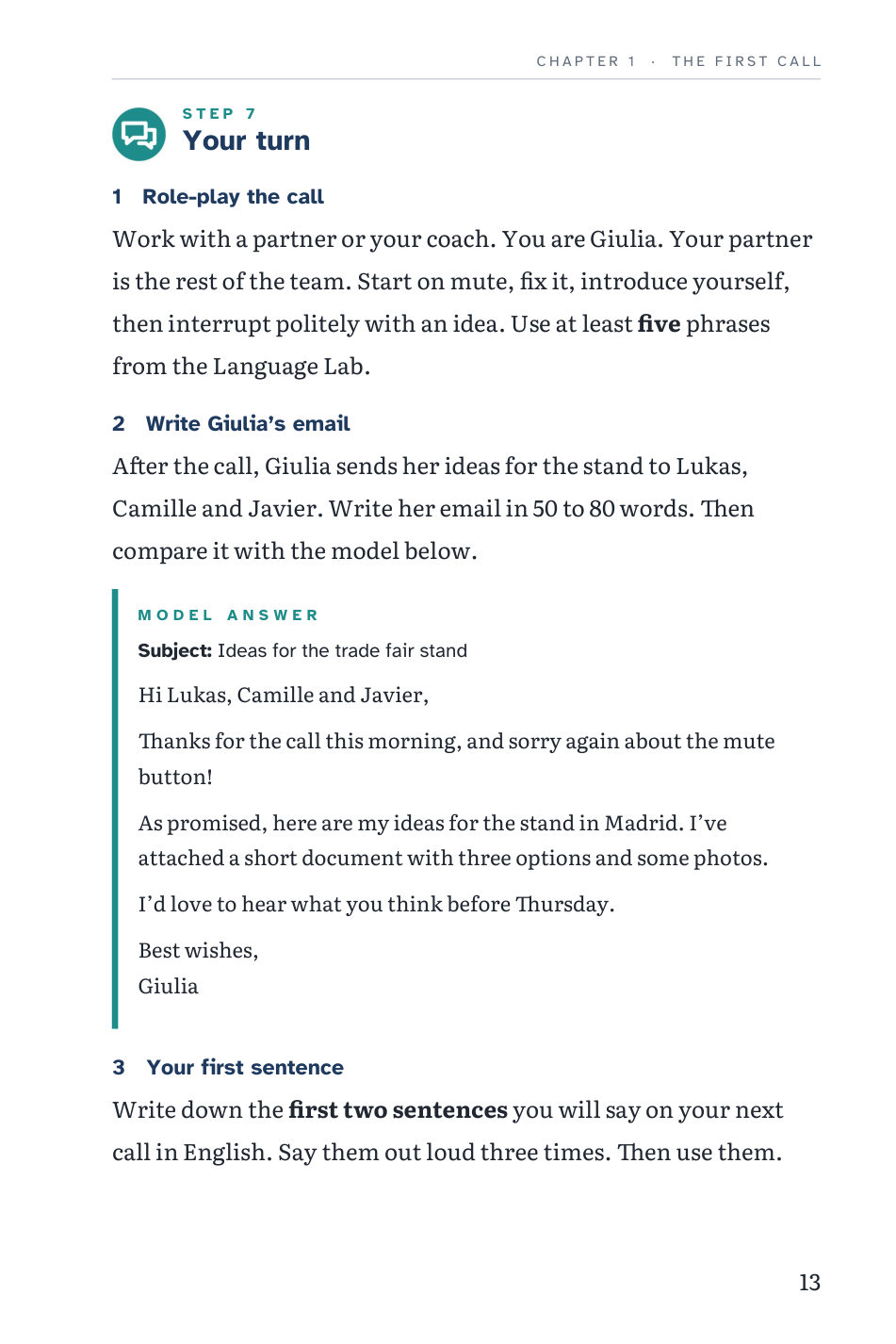 Book page: Your turn. A role-play, a writing task with a model email answer, and a personal first-sentence task.