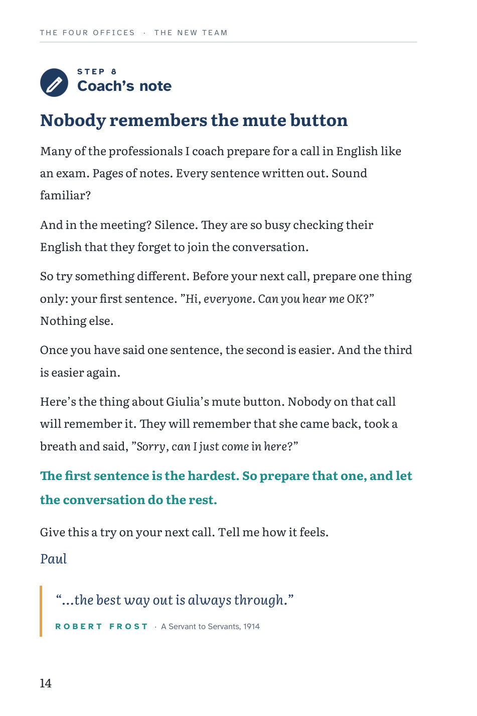 Book page: Coach’s note titled Nobody remembers the mute button, with advice to prepare only your first sentence.
